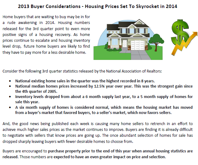11-12-13 Buyer Considerations - Housing Prices Set to Skyrocket