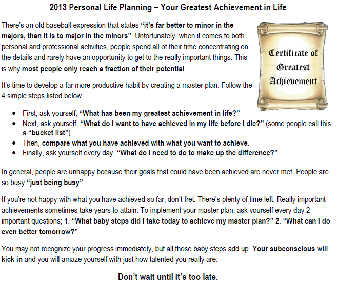 11-7-13 Personal Productivity- What Will Be Your Greatest Achievements